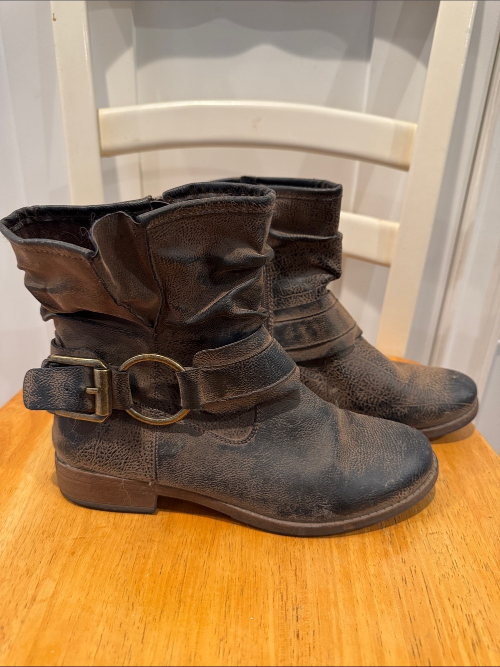 Crown Vintage Distressed Brown Ring-Buckle Ankle Booties